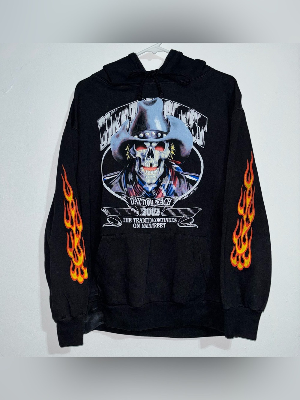Vintage 2002 Biketoberfest Daytona Beach Skull Flame Hoodie L